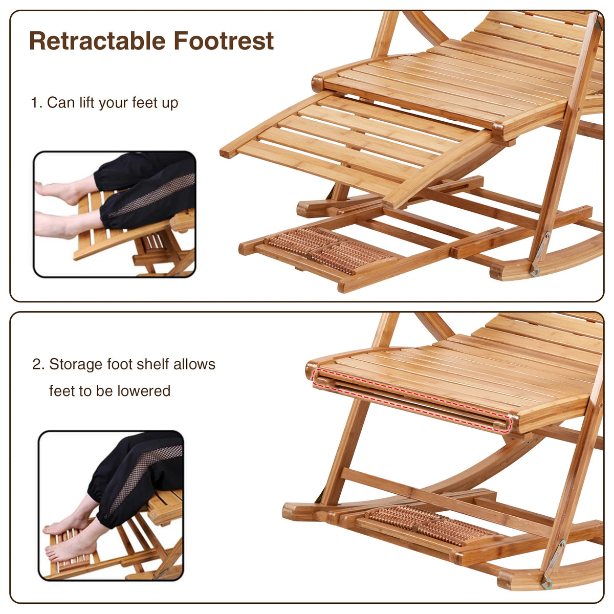 Heavy Duty Bamboo Rocking Chair Adjustable Lounge Recliner Leisure Living Room