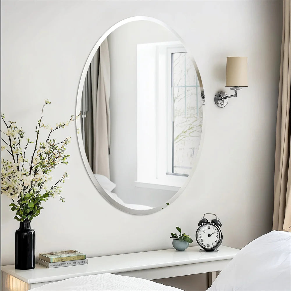 Frameless Oval Wall Mirror Silver Beveled Edge Bathroom Vanity Mirror for Modern Home Decor, Fireplaces