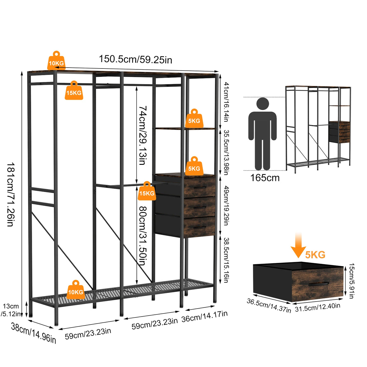 Freestanding Clothes Rack with 3 Fabric Drawers, Industrial Open Wardrobe Closet Organizer with Hanging Rails and Storage Shelves, Metal Frame, 59.5" Wide, Black and Rustic Brown