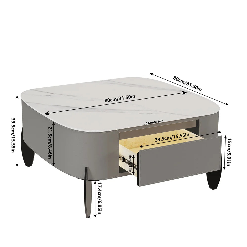 Large Modern Coffee Table with Drawers, Coffee Table with Metal Legs Center Marble Table