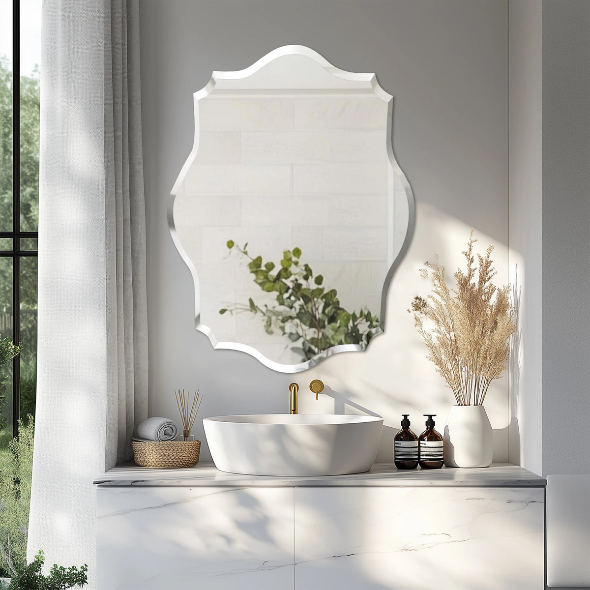 Wall Mirror Scalloped Frameless Beveled Edge Polished for Bathroom, Living Room, Vanity, Bedroom, Slive Mirror