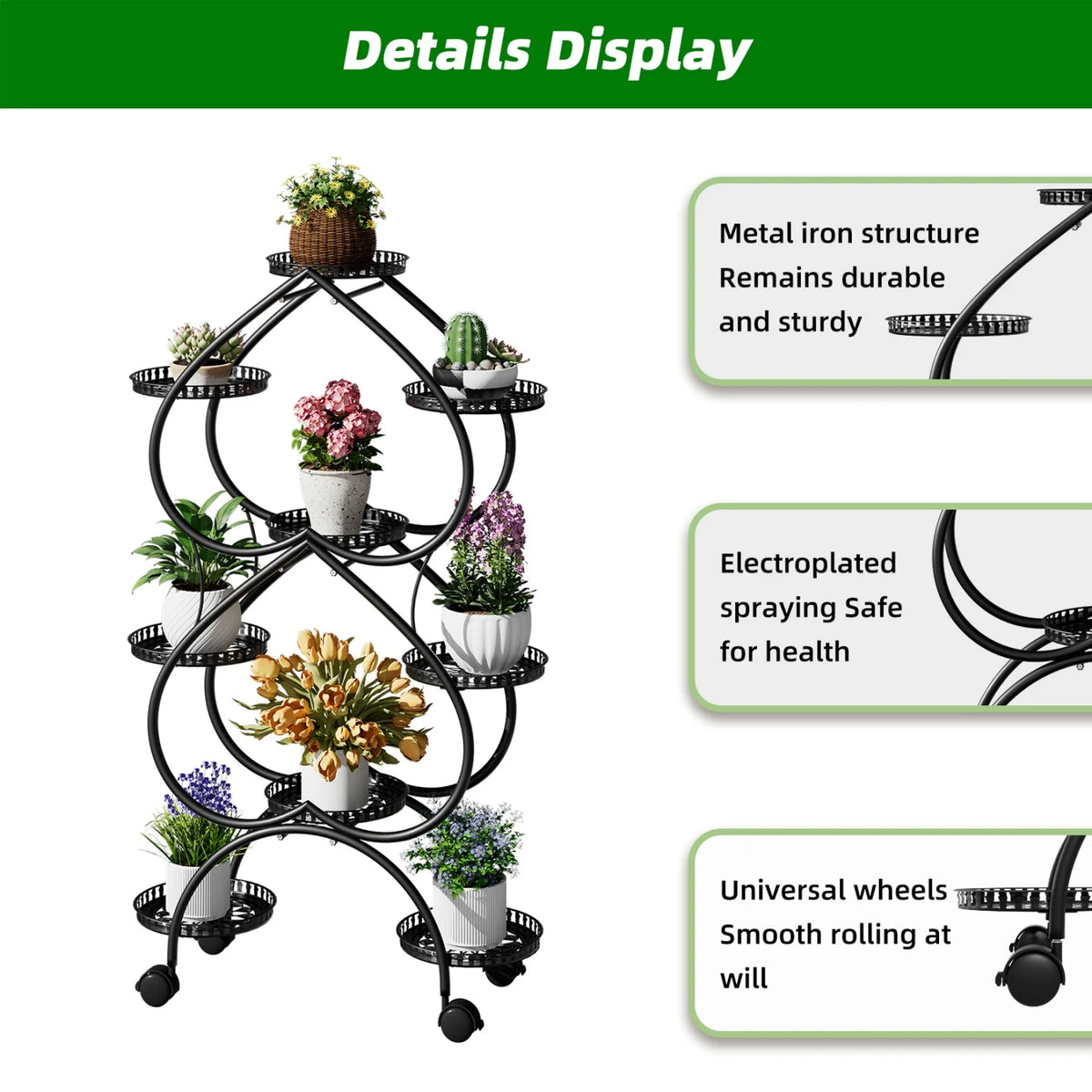 European 6 Tier Double-heart Plant Stand for In/Outdoor Black Iron Mobile Plants Display Holder for Living Room Balcony Garden
