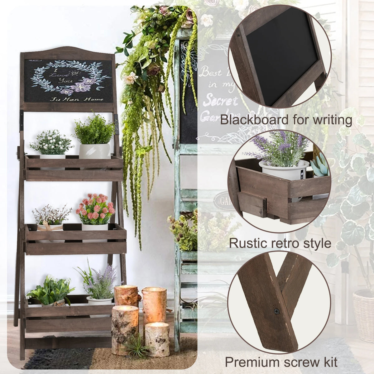 Folding Ladder 3 Tier Plant Stand Garden Flower Pot Holder Shelf with Chalkboard A-Frame Sidewalk Menu Display
