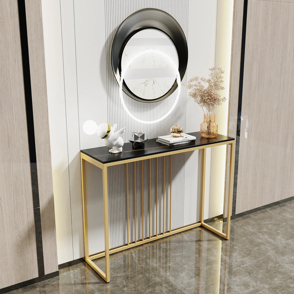 39.4x11.8x30.9inch Modern Accent Console Marble Table Gold Metal Frame Storage Display Shelf Narrow Table for Hallway Entryway Living Room Entrance