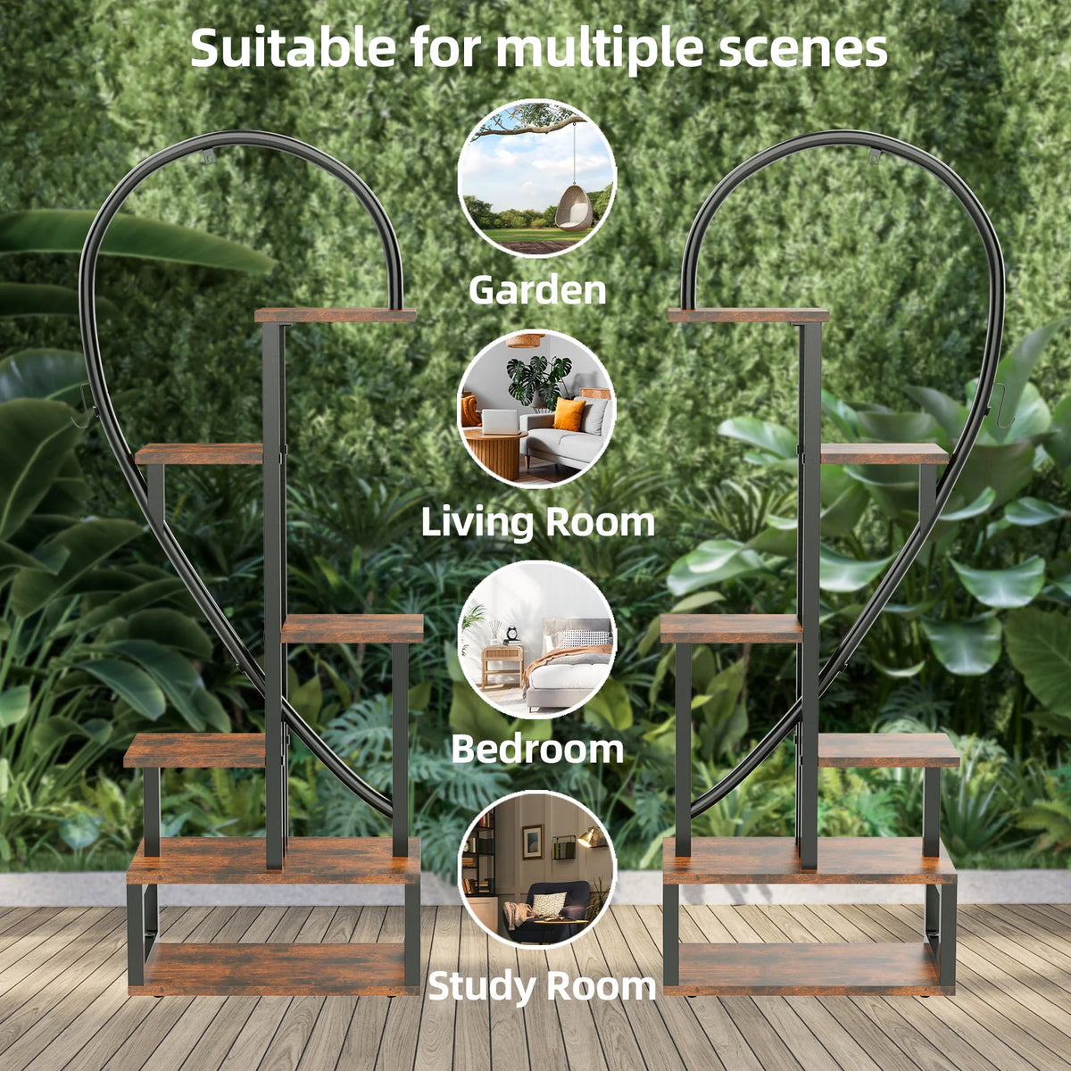 44.1x11x64.9 inch 2X Plant Stand Half Heart Shaped Multiple Planter Rack Flower Display with Hooks 20 Pots Garden Ladder Planting Shelf