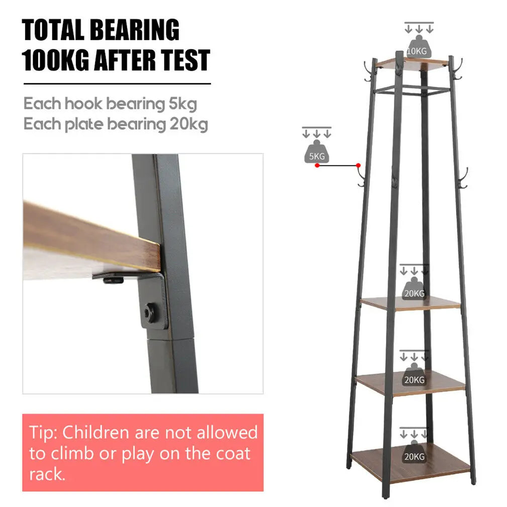 180CM Solid Iron Construction Coat Rack Holder Entryway Clothes Stand 4 Shelves Hall Trees 8 Hooks