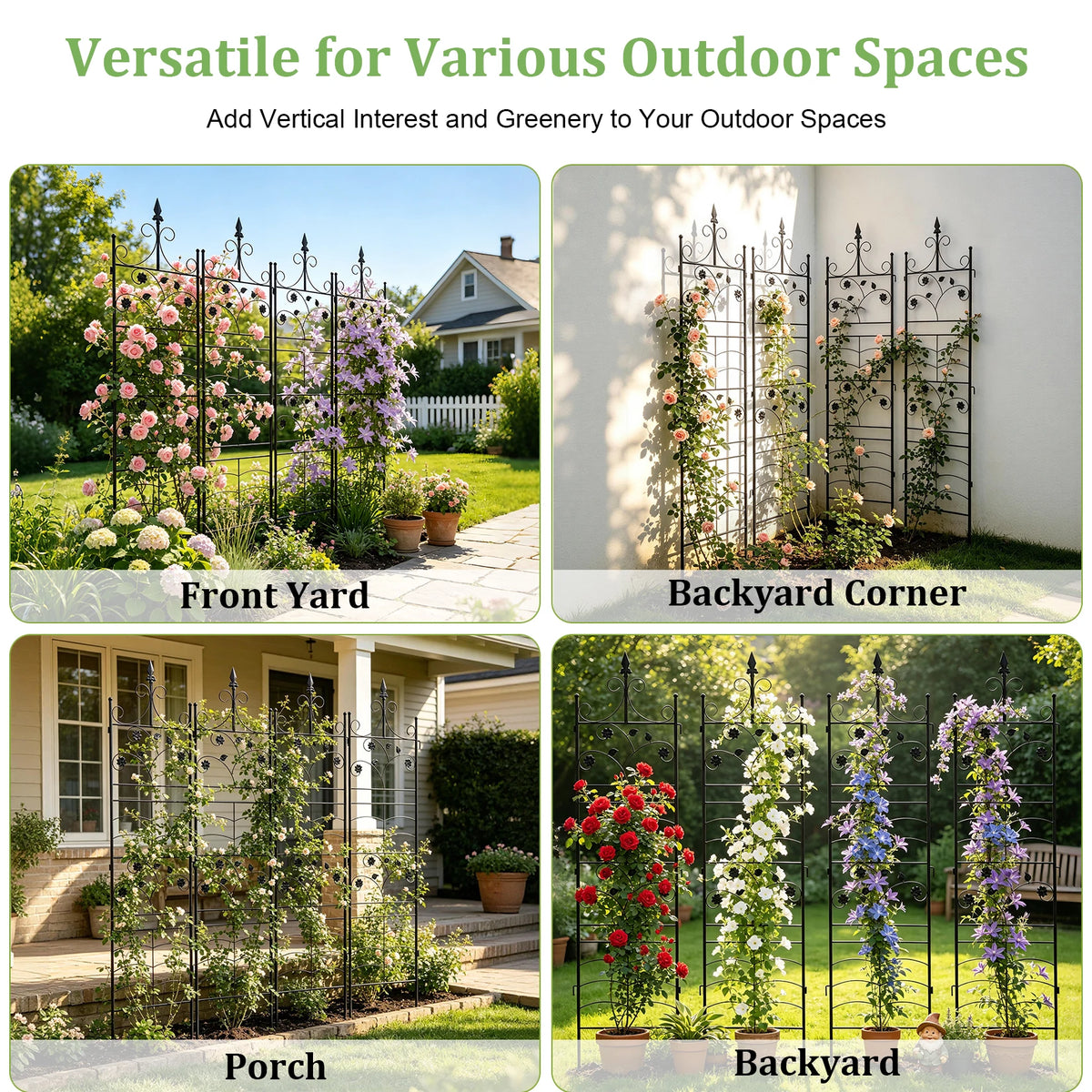 4-Pack Metal Garden Trellis for Climbing Plants, 84.6" Tall Black Iron Plant Support Panels with Decorative Scrollwork and Ground Stakes for Roses, Clematis and Vines