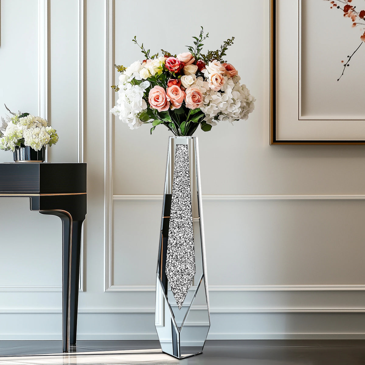 Tall Floor Mirror Vase, Large Crushed Diamond Glass Vase for Home Decor Modern Crystal Centerpiece for Living Room Wedding Hotel