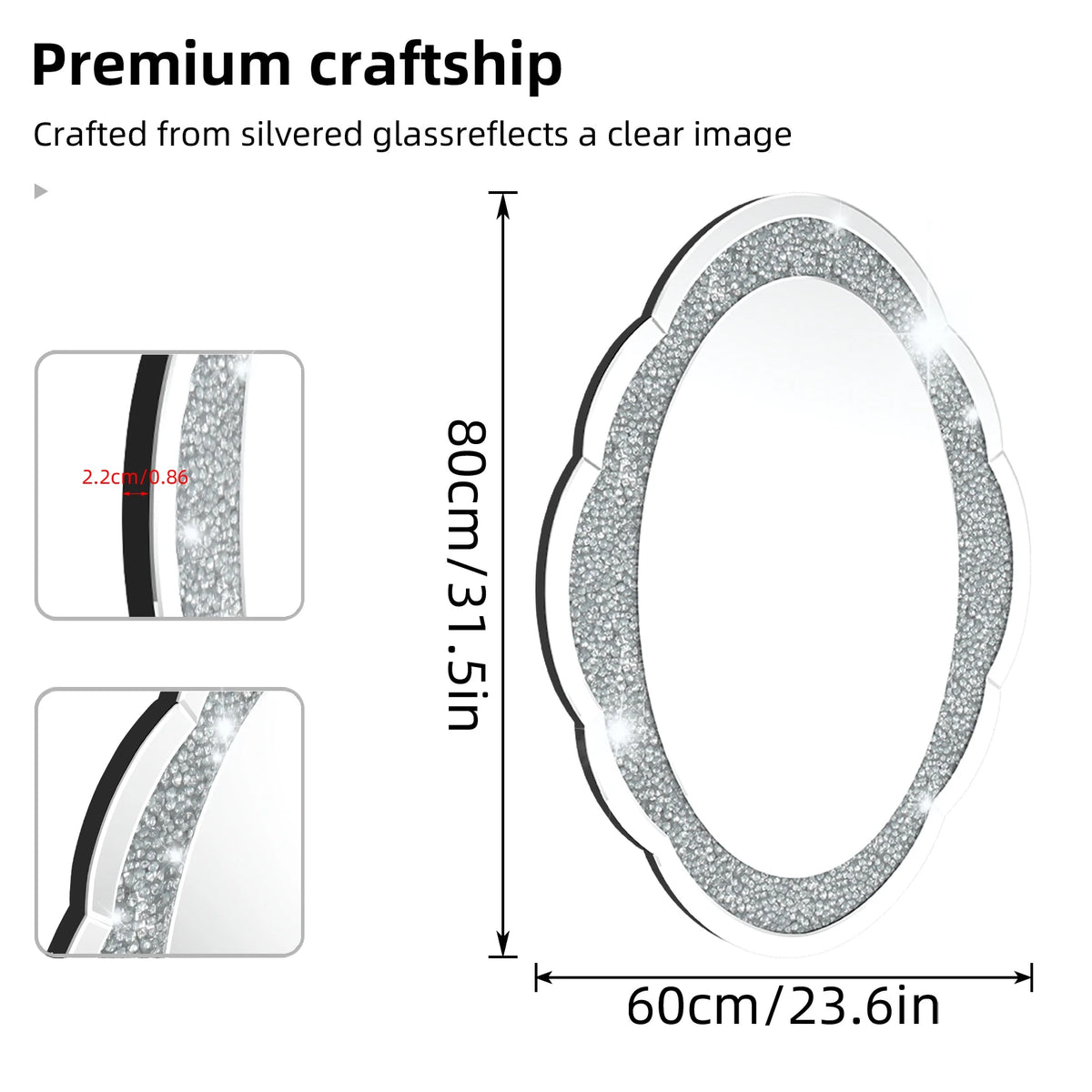 24"x32" Silver Wall Mirror Crush Diamond Elegant Artistic Cloud-shape 5mm Thick Wall Mirror for Hallway Bathroom Bedroom