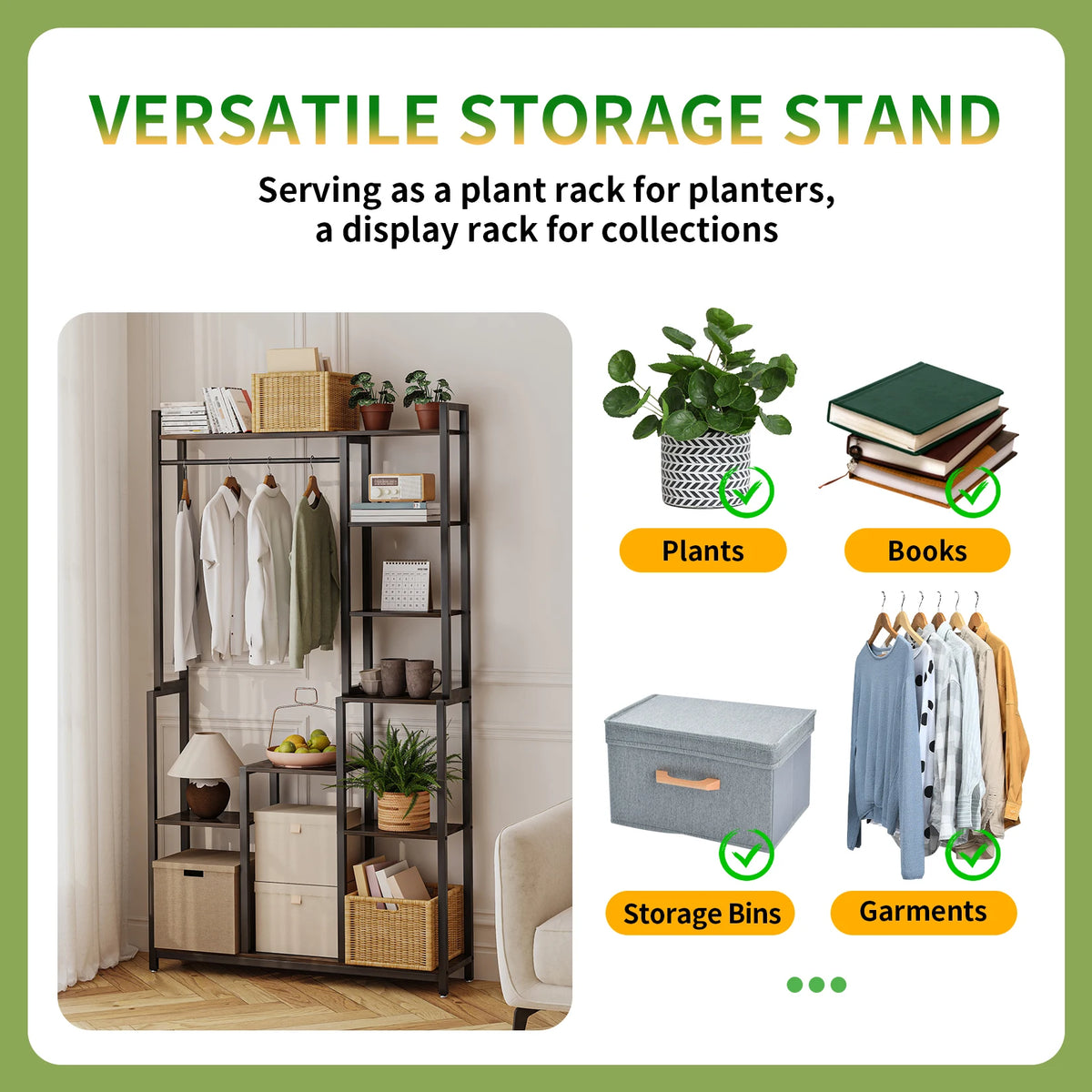 Vintage Indoor Plant Stand Industrial Coat Shelf Vertical Display Unit Rustic Storage Cabinet Clothes Stand with Hanging Rod