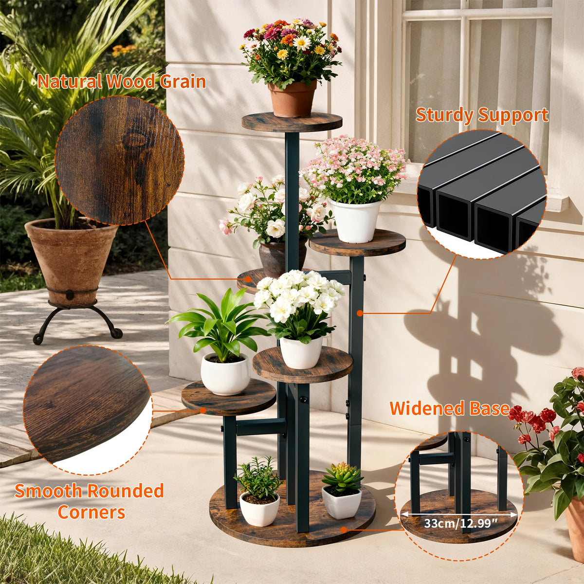 5-Tier Vertical Plant Stand, Space-Saving Flower Pot Display Shelf with Staggered Round Wood-Effect Shelves and Black Metal Frame