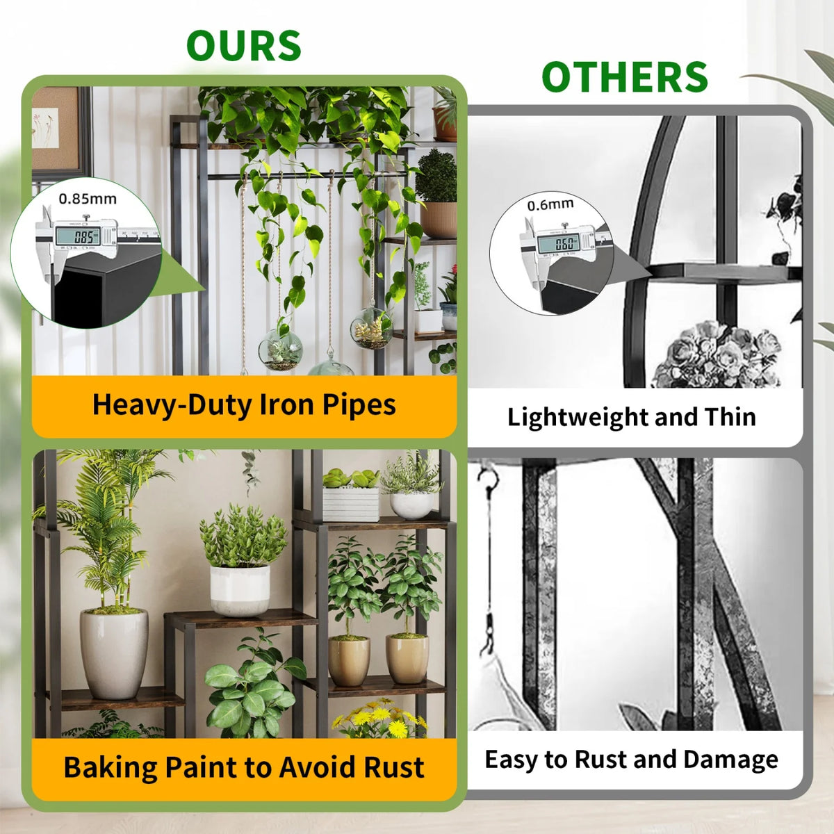 180CM Tall Indoor Plant Stand with Shelves and Hanging Rod Industrial Flower Stand Clothes Rack for Garden, Balcony, Living Room