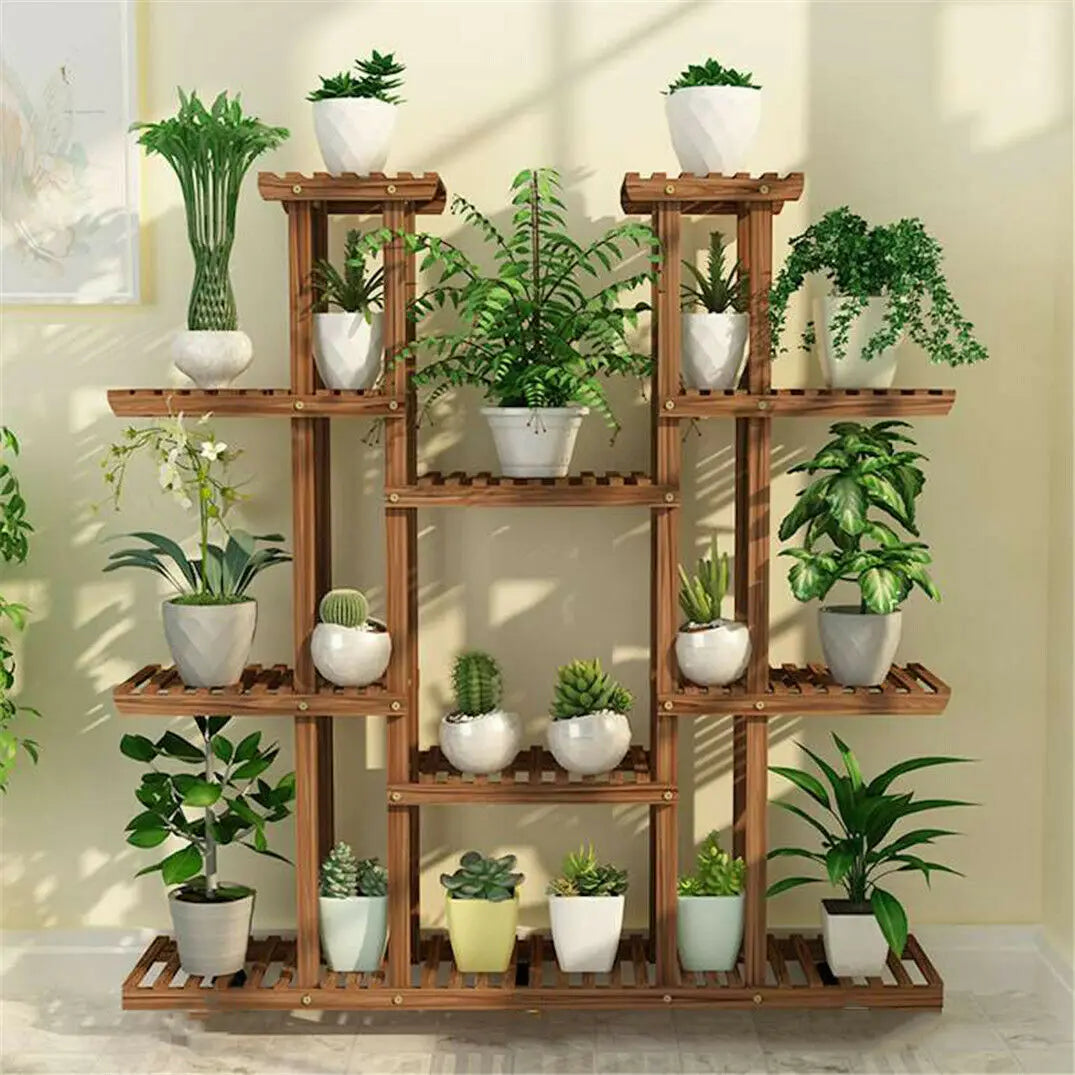 Multi-Tier Plant Stand, 46in Height Wood Flower Rack Holder 16 Potted Display Storage Shelves Indoor Outdoor for Patio Gard
