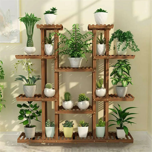 Multi-Tier Plant Stand, 46in Height Wood Flower Rack Holder 16 Potted Display Storage Shelves Indoor Outdoor for Patio Gard
