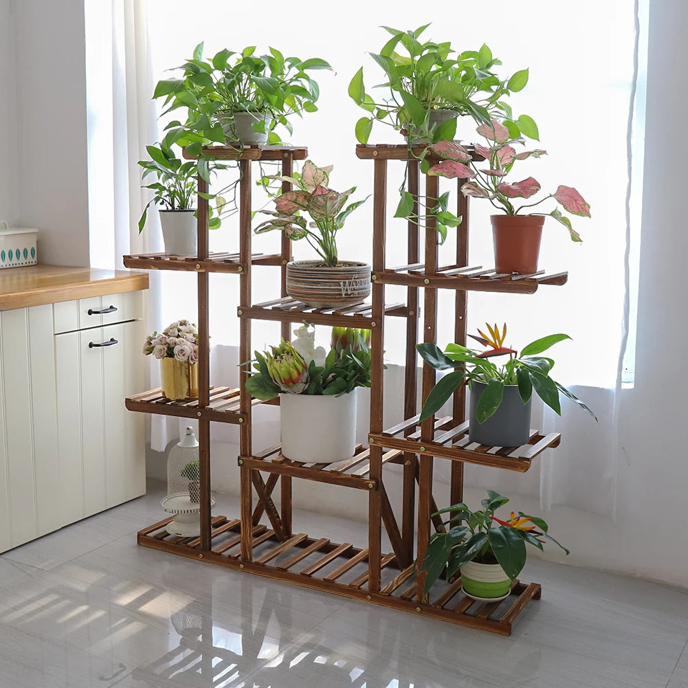 Multi-Tier Plant Stand, 46in Height Wood Flower Rack Holder 16 Potted Display Storage Shelves Indoor Outdoor for Patio Gard