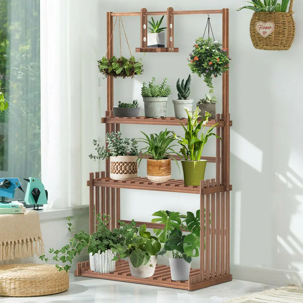 Heavy Duty Hanging Plant Stand Multiple Wood Flower Potted Rack Planter Shelving Unit for Indoor Outdoor