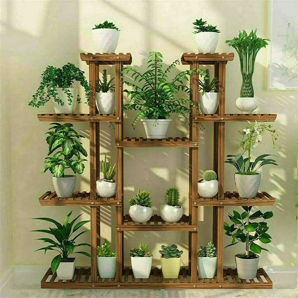 Multi-Tier Plant Stand, 46in Height Wood Flower Rack Holder 16 Potted Display Storage Shelves Indoor Outdoor for Patio Gard