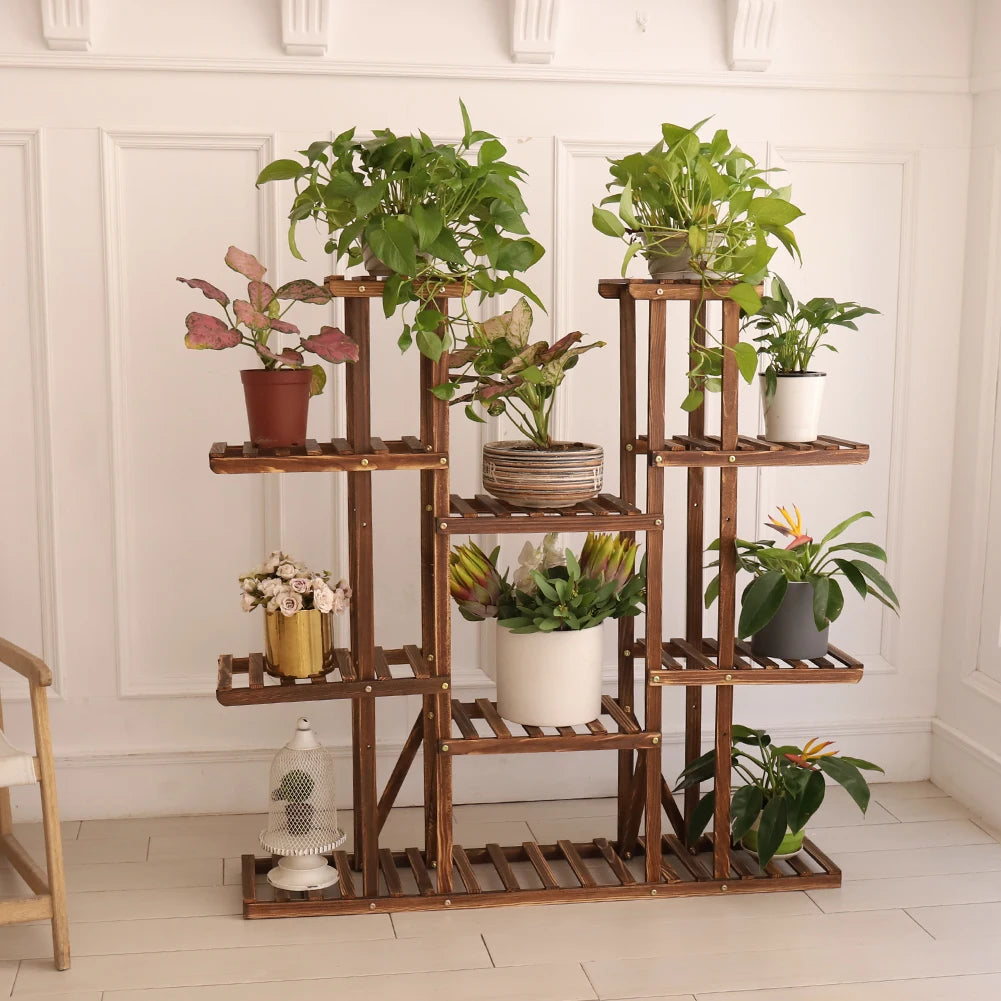 Multi-Tier Plant Stand, 46in Height Wood Flower Rack Holder 16 Potted Display Storage Shelves Indoor Outdoor for Patio Gard