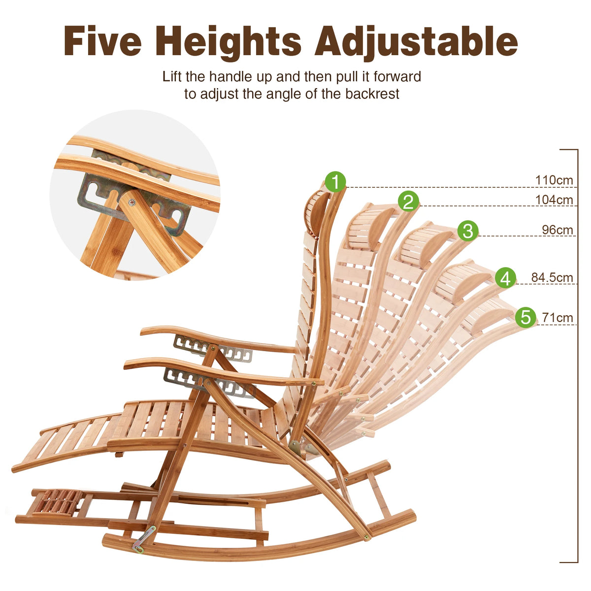 Heavy Duty Bamboo Rocking Chair Adjustable Lounge Recliner Leisure Living Room
