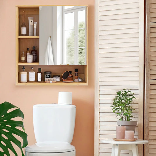 Medicine Cabinet with Mirror: Natural Bamboo Bathroom Vanity Mirror Cabinet Wall Mounted Cupboard with Storage Shelves for Bedro