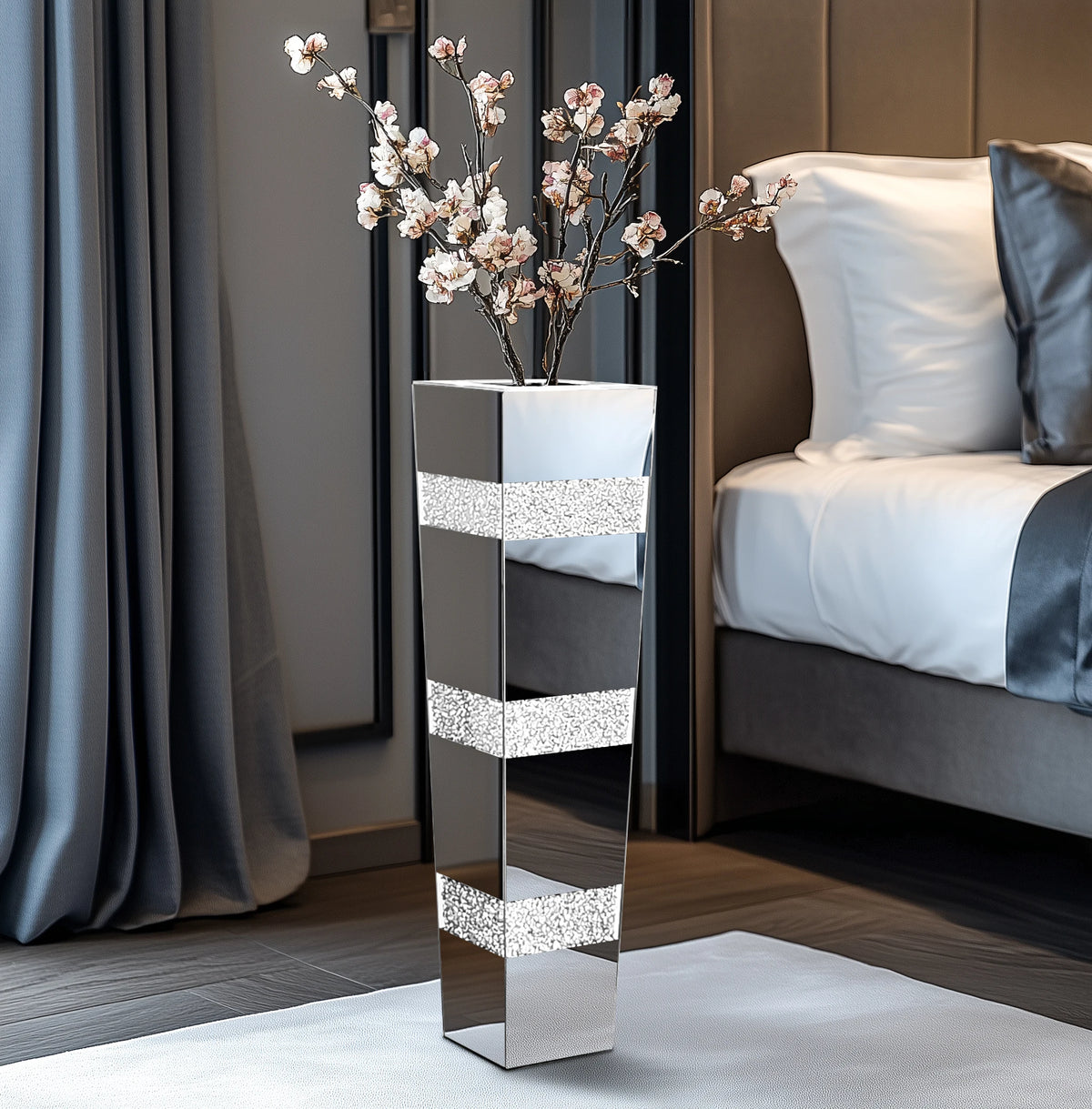 Tall Floor Mirror Vase, Large Crushed Diamond Glass Vase for Home Decor Modern Crystal Centerpiece for Living Room Wedding Hotel