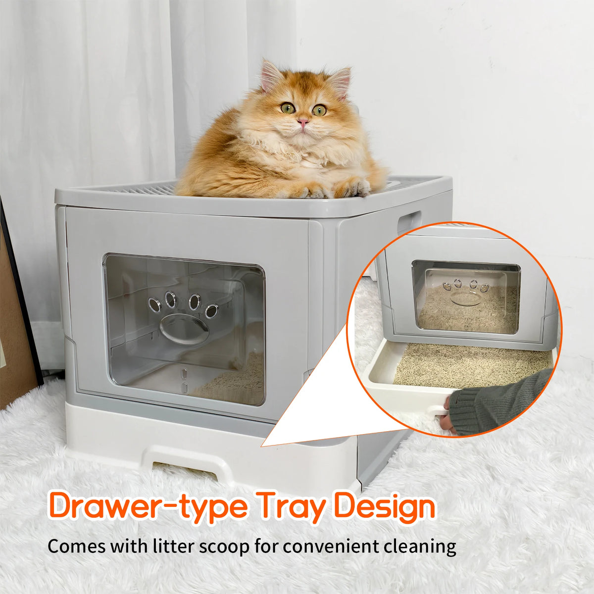 Large Cat Litter Box with Lid, Foldable Litter Box, Drawer Type Enclosed Kitty Litter Box Front Entry Top Exit Kitty Litter Box