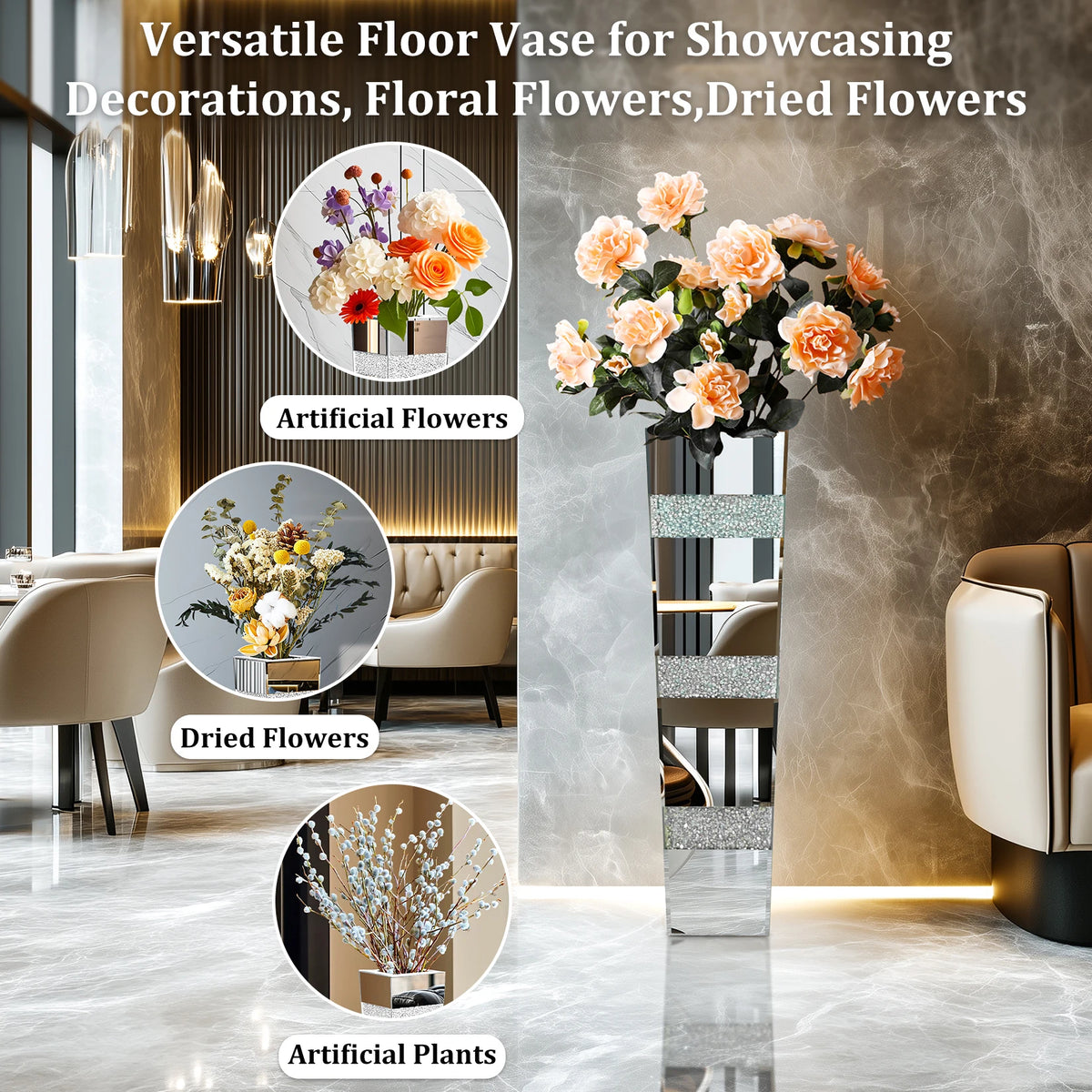 Tall Floor Mirror Vase, Large Crushed Diamond Glass Vase for Home Decor Modern Crystal Centerpiece for Living Room Wedding Hotel