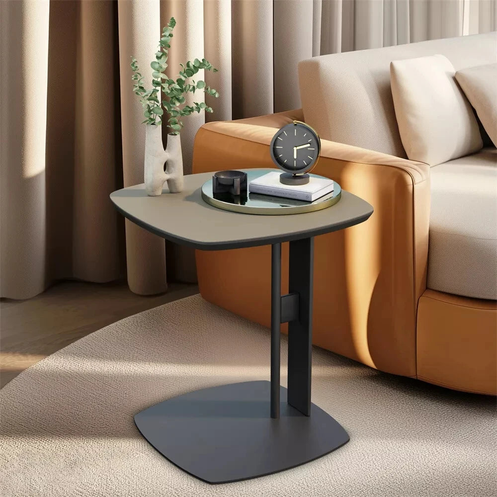 Luxury C Table End Table Saddle Leather Top with Metal Leg, Couch Tables C Shaped Side Table for Bedroom Living Room