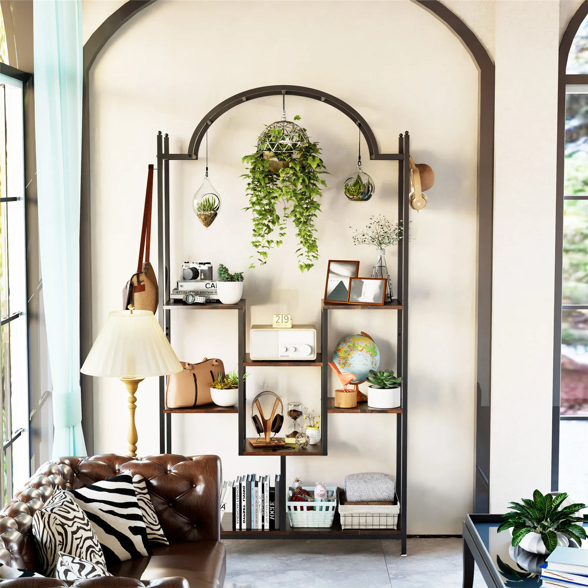 39.37Wx11.81Dx74.8H inch 5-Tier Tall Indoor Plant Stand, 74.8'' Arched Metal Flower Shelf with Hanging Hooks, Large Bonsai Pots Display Rack for Garden