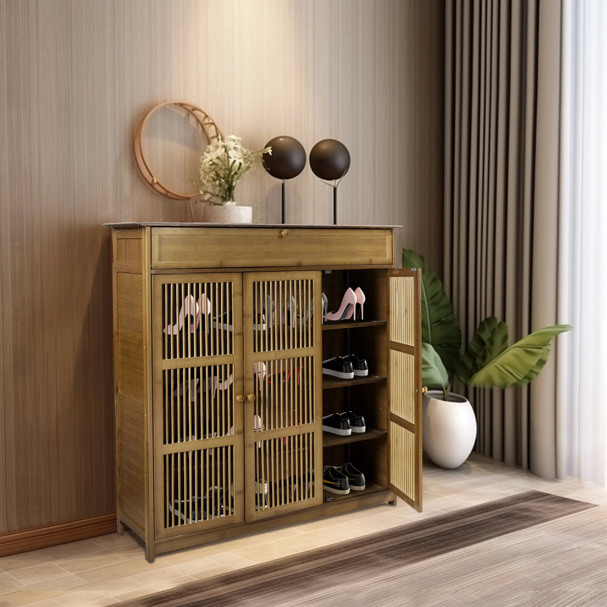 Shoe Cabinet with 3 Doors for Entryway, 4 Tier Shoe Storage Cabinet, Freestanding Shoe Rack Storage Organiz for Closet
