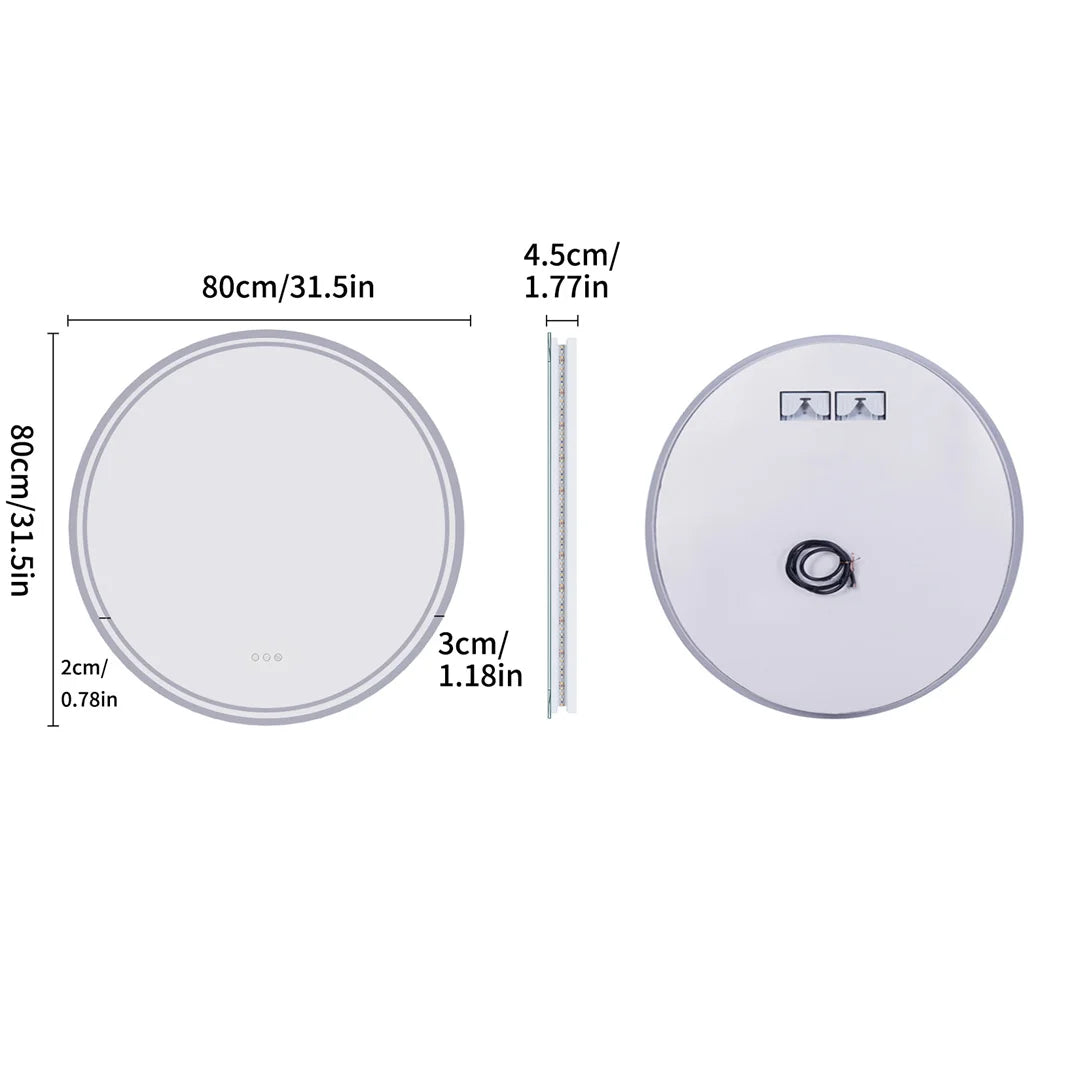 80cm Round Bathroom Mirror with Intelligent Illuminate Touch Screen Dimmable Anti-Fog LED Light for Bathroom