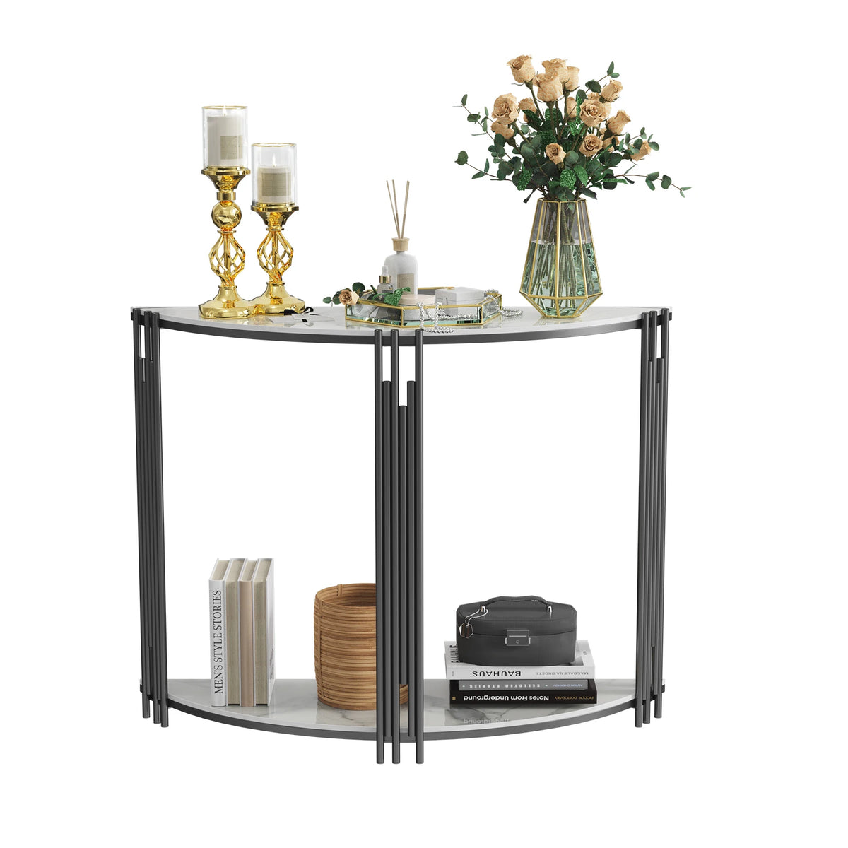 39.4W x 11.8D X 30.7H inch inch Half Moon Tiered Real Marble Entry Console Table Hallway Entryway Furniture for Entrance, Home Living Room