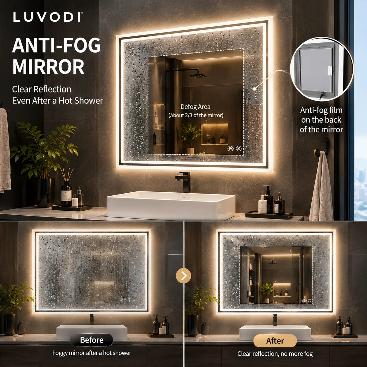 LED Bathroom Mirror, Frameless Backlit Vanity Mirror, Dimmable 3-Color Light, Anti-Fog, Touch Sensor