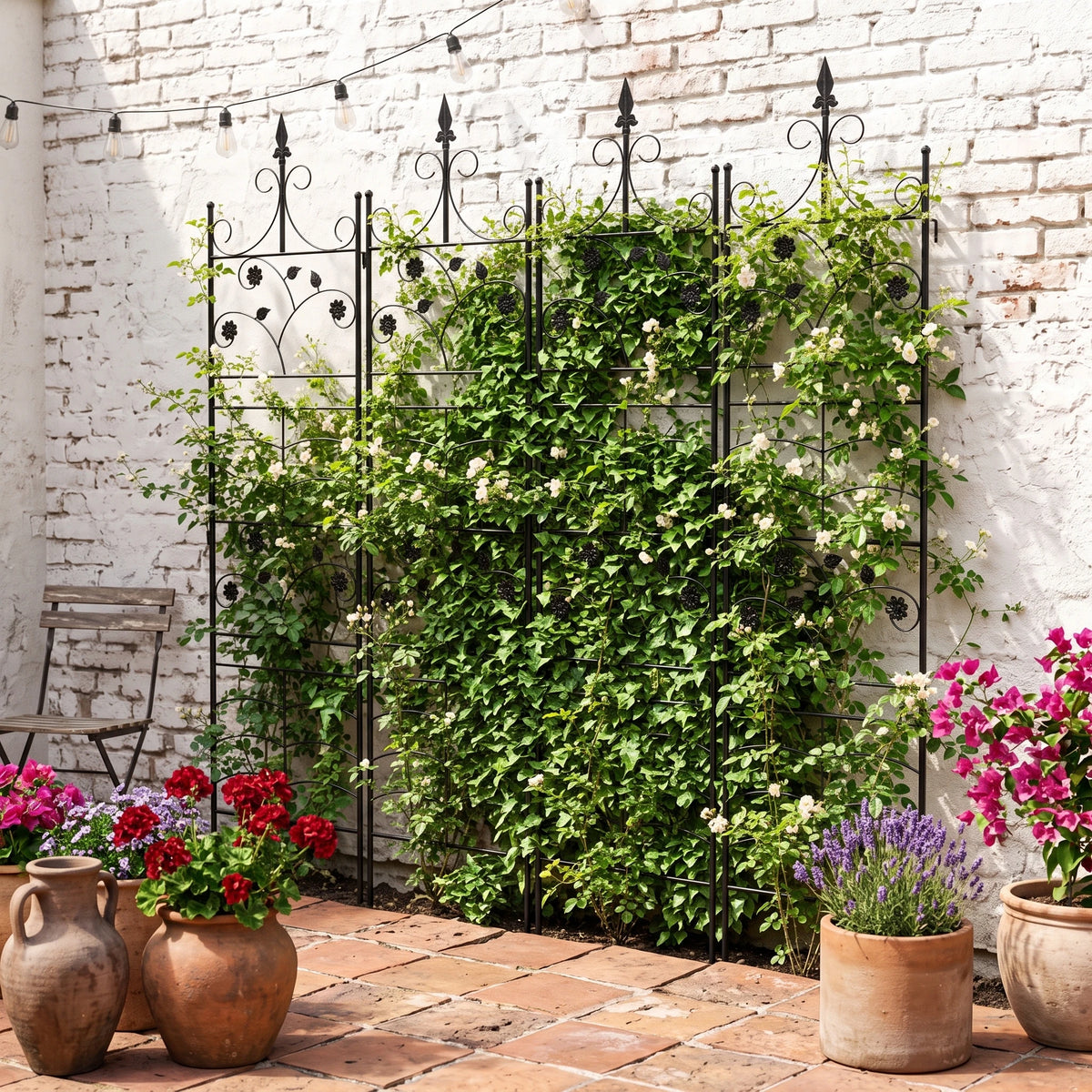 4-Pack Metal Garden Trellis for Climbing Plants, 84.6" Tall Black Iron Plant Support Panels with Decorative Scrollwork and Ground Stakes for Roses, Clematis and Vines
