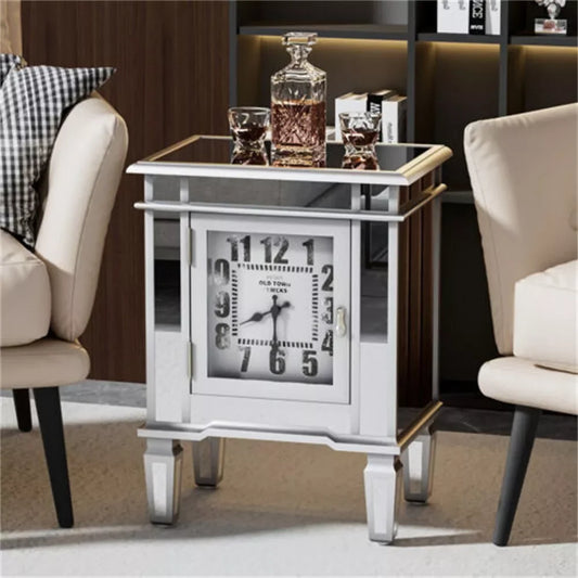 Mirrored End Table with Clock, Modern Sofa Side Table with Storage Door, Nightstand for Bedroom, Living Room and Home Decor