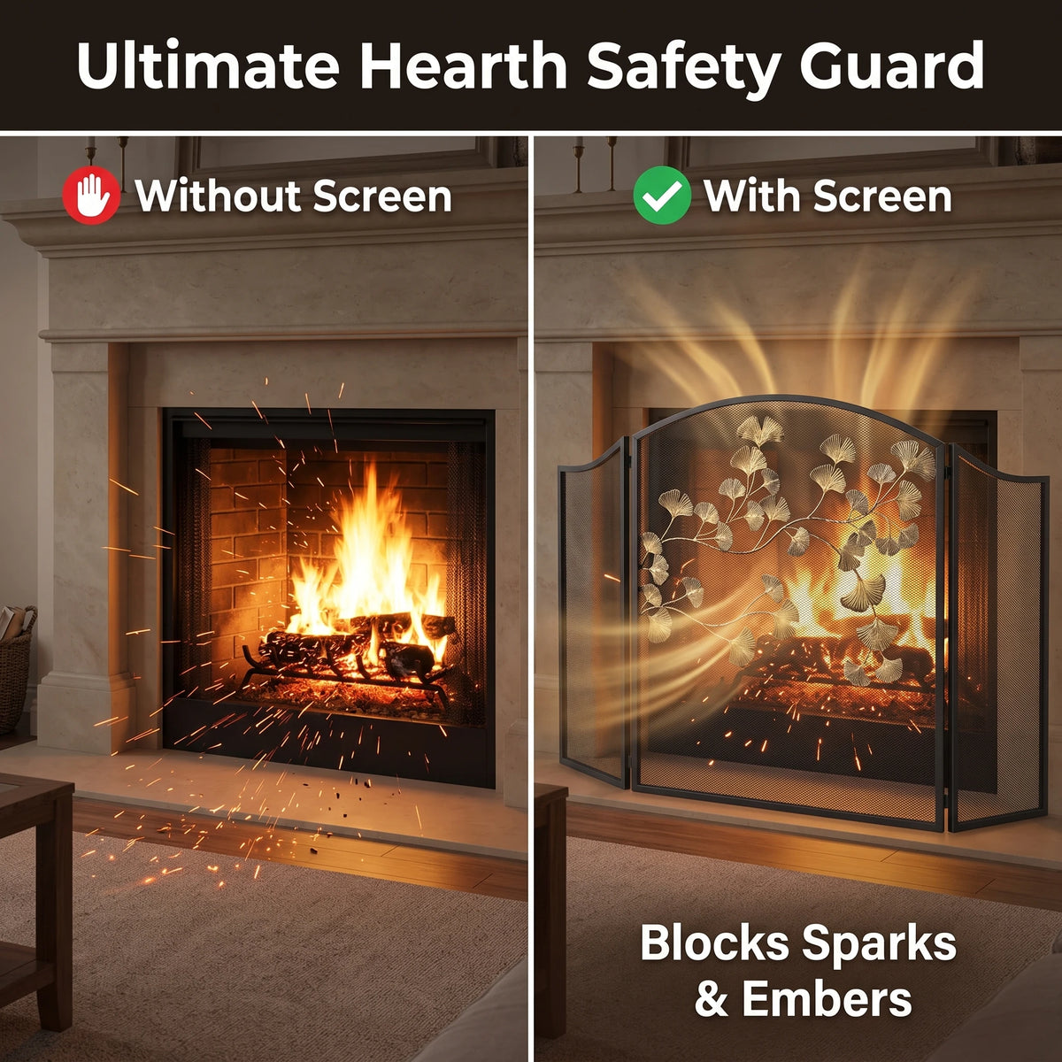 3 Panel Folding Fireplace Screen, Black Iron Mesh Spark Guard with Antique Bronze Ginkgo Leaves, Freestanding, No Assembly Required