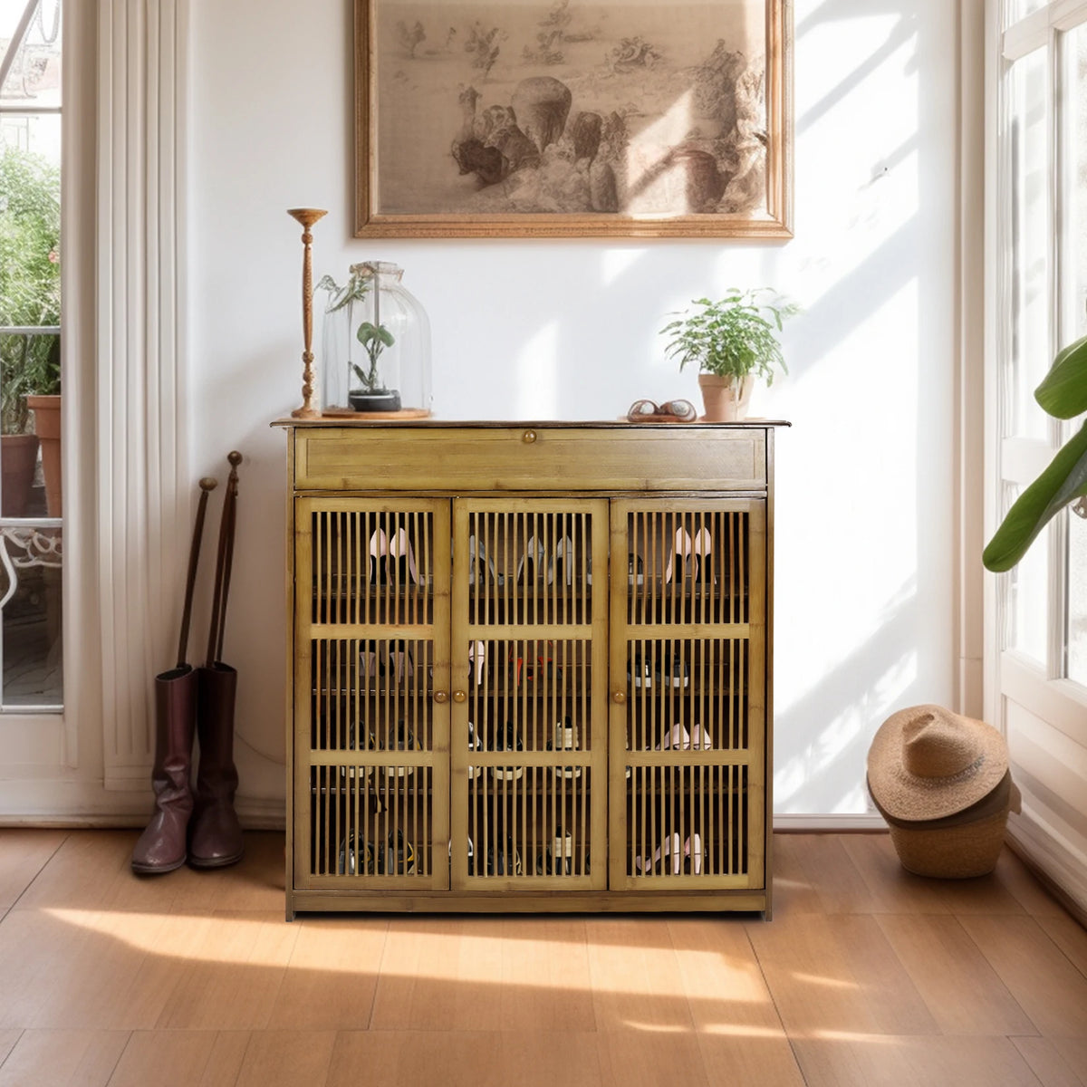 Shoe Cabinet with 3 Doors for Entryway, 4 Tier Shoe Storage Cabinet, Freestanding Shoe Rack Storage Organiz for Closet
