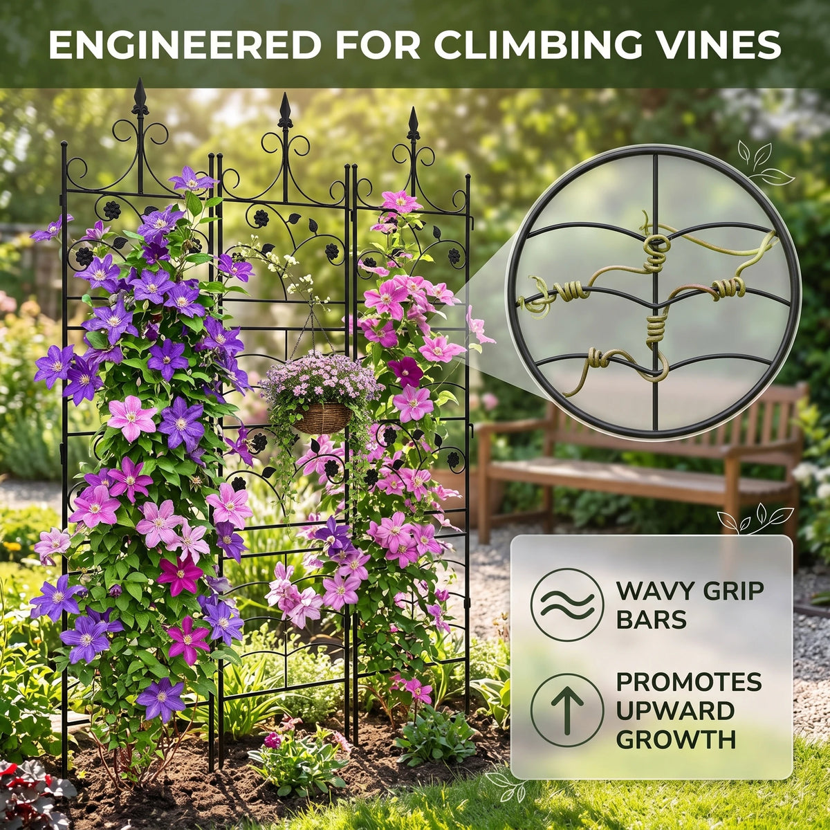 4-Pack Metal Garden Trellis for Climbing Plants, 84.6" Tall Black Iron Plant Support Panels with Decorative Scrollwork and Ground Stakes for Roses, Clematis and Vines