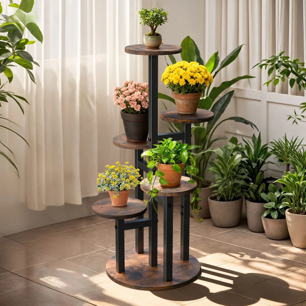 5-Tier Vertical Plant Stand, Space-Saving Flower Pot Display Shelf with Staggered Round Wood-Effect Shelves and Black Metal Frame