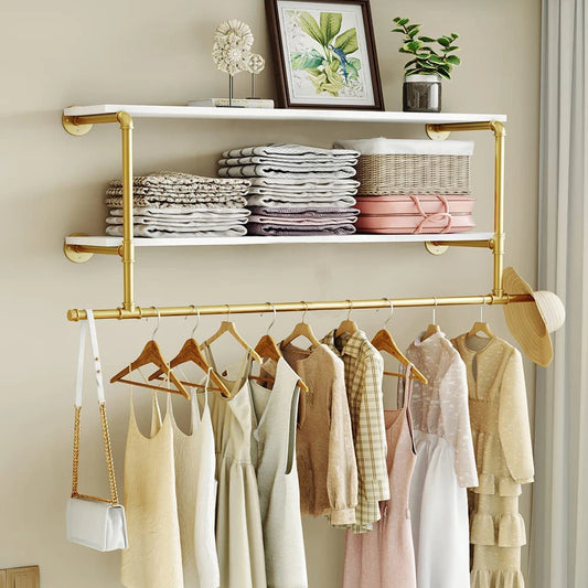Heavy Duty Pipe Clothing Rack, Wall Mounted Garment Display Rack, 2Tiers Open Shelves, Large Closet