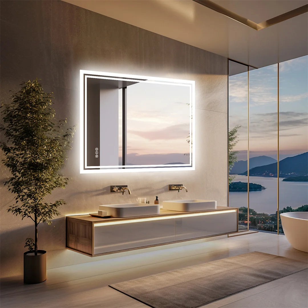 LED Bathroom Mirror, Frameless Backlit Vanity Mirror, Dimmable 3-Color Light, Anti-Fog, Touch Sensor