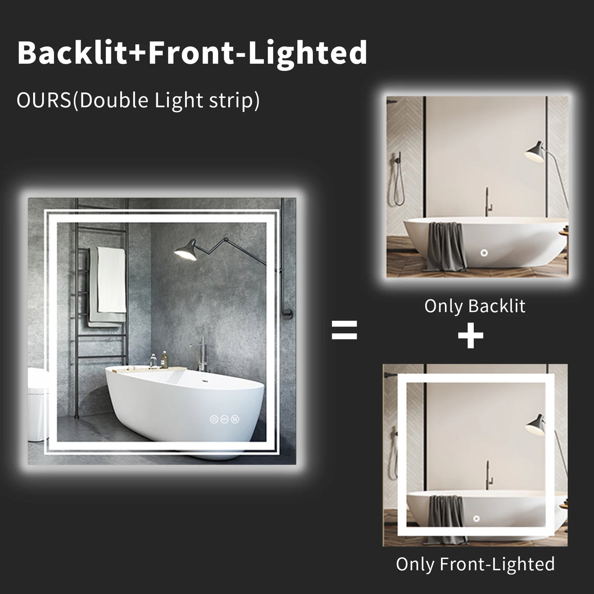 LED 900mm Square Backlit 3 Colours Dimmable Lighted Vanity Bathroom Mirror Home Decor Anti-fog Wall Mounted Makeup Mirror
