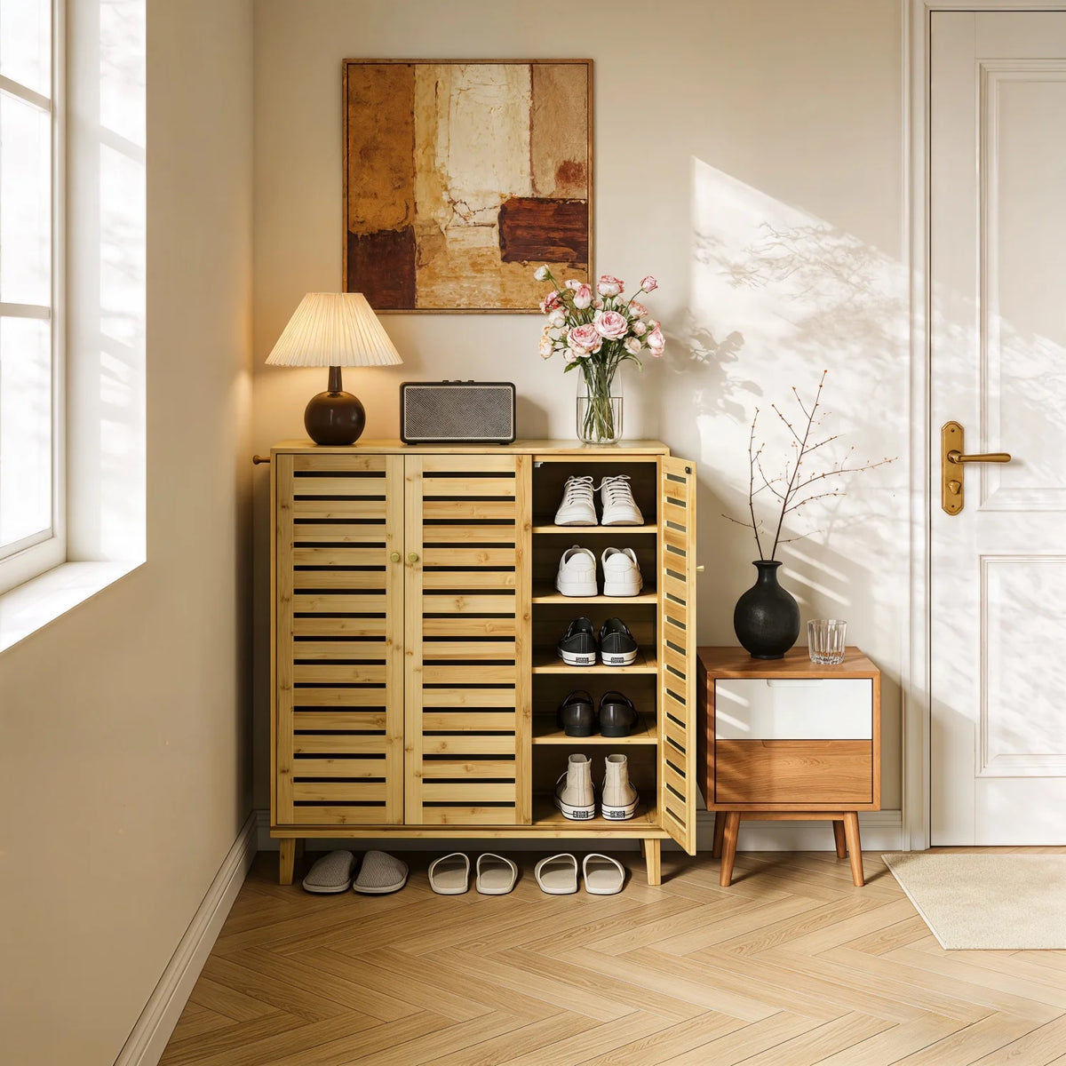5 Tier Natural Wood Shoe Storage Cabinet Organizer Ventilated Slatted Doors 2 Or 3 Doors Shoes Rack for Entryway Hallway Closet