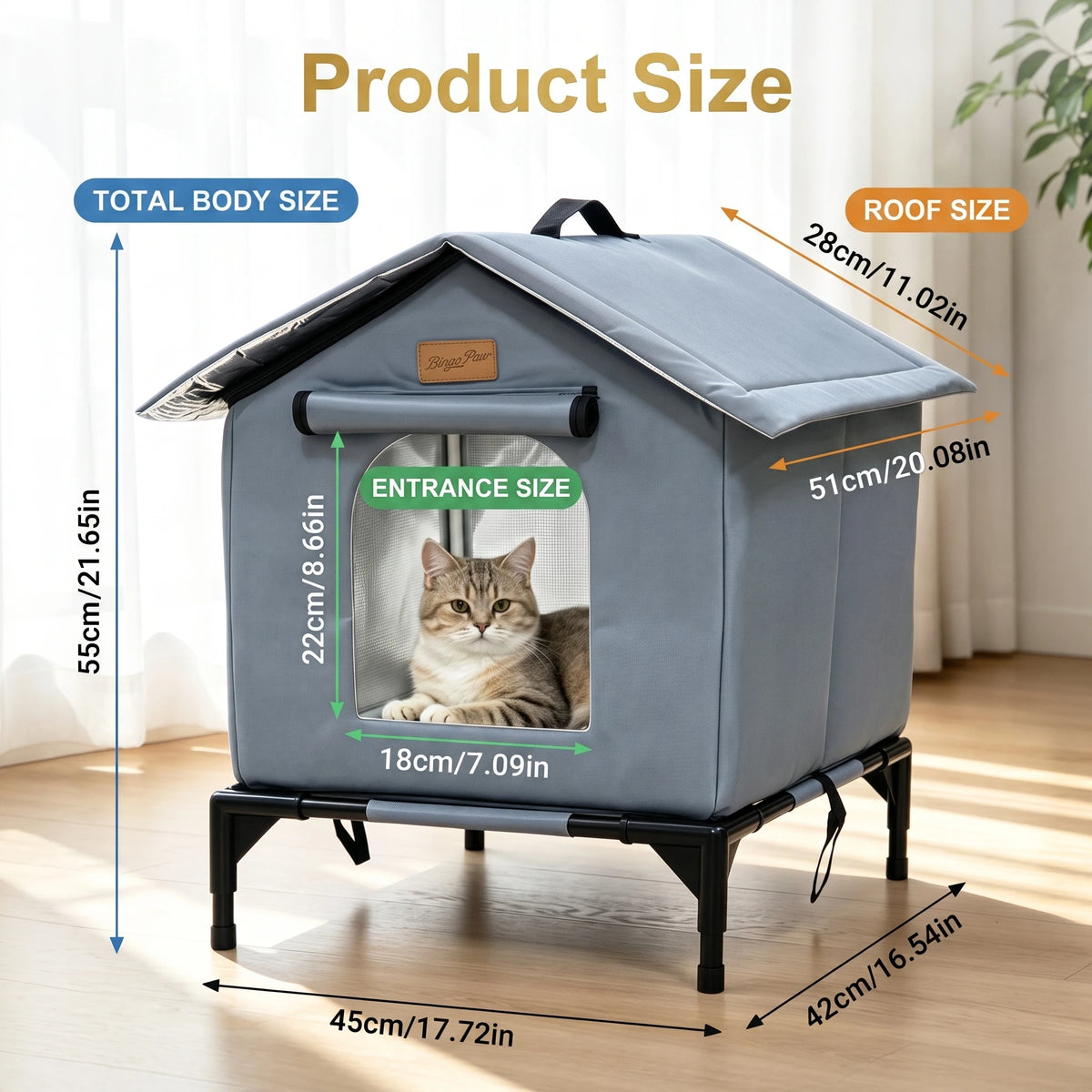Elevated Outdoor Cat House Weatherproof, Insulated Feral Cat Shelter for Outside Winter with 3-Layer Aluminum Foil Thermal Liner, 600D Waterproof Oxford Pet Tent Bed with Legs & Ground Stakes for Stray Cats (45x42x55