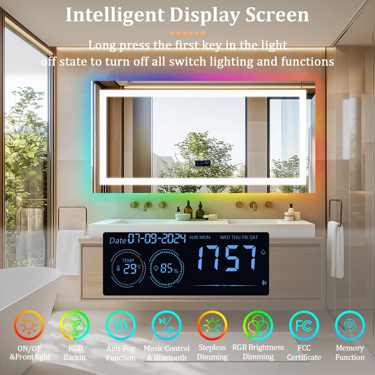 48"X24" LED Bathroom Mirror with Lights Anti-Fog Bathroom Mirror RGB Dimmable, Lighted Bathroom Wall Mirror