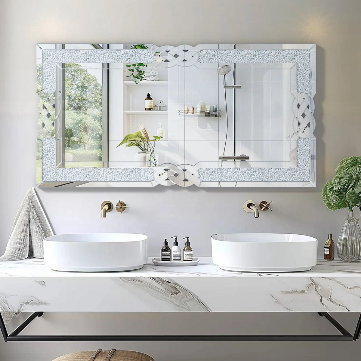 Large Crushed Diamond Wall Mirror Rectangular Glass Silver Inlay Edge, Glam Style for Living Room, Bedroom, Home Hallway
