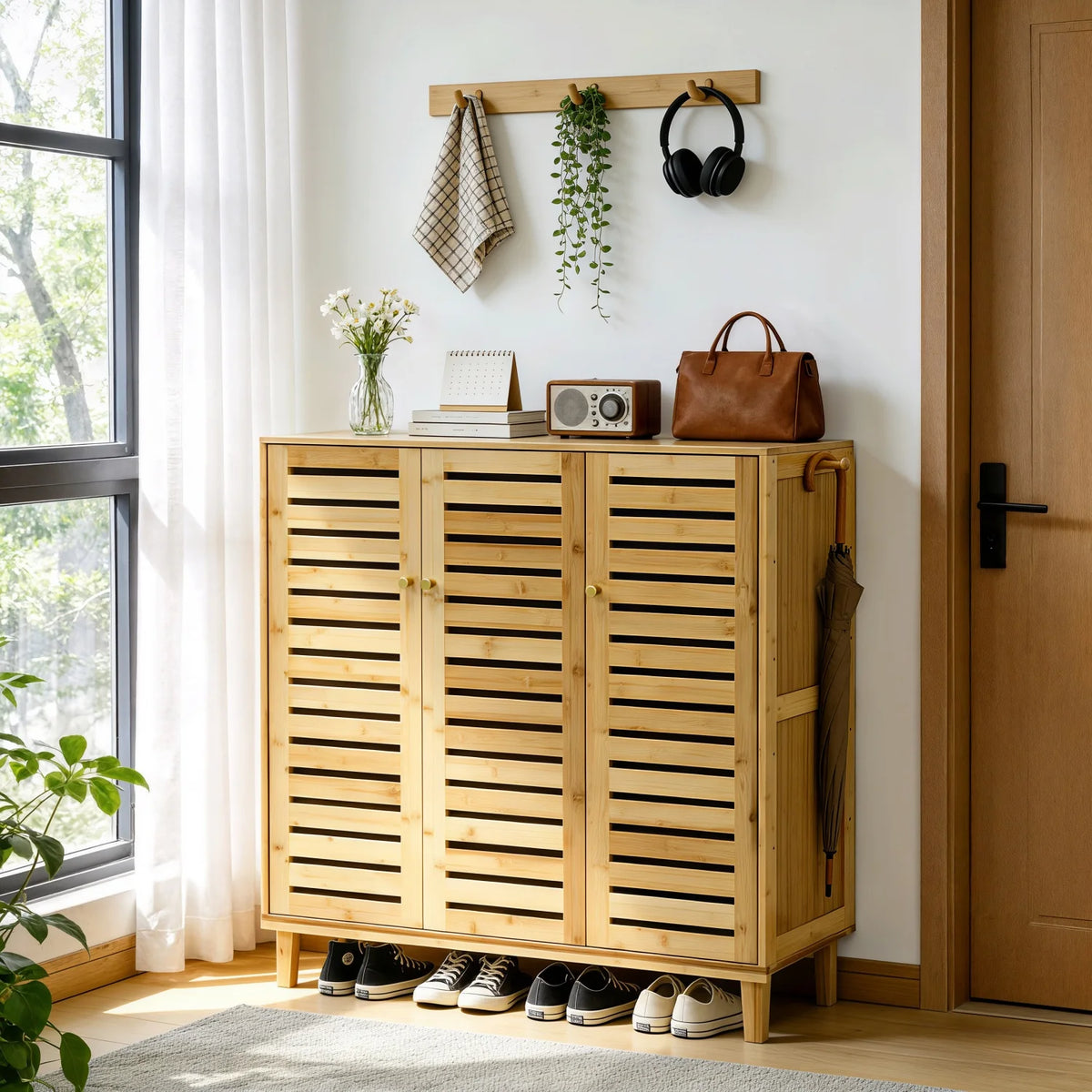 5 Tier Natural Wood Shoe Storage Cabinet Organizer Ventilated Slatted Doors 2 Or 3 Doors Shoes Rack for Entryway Hallway Closet