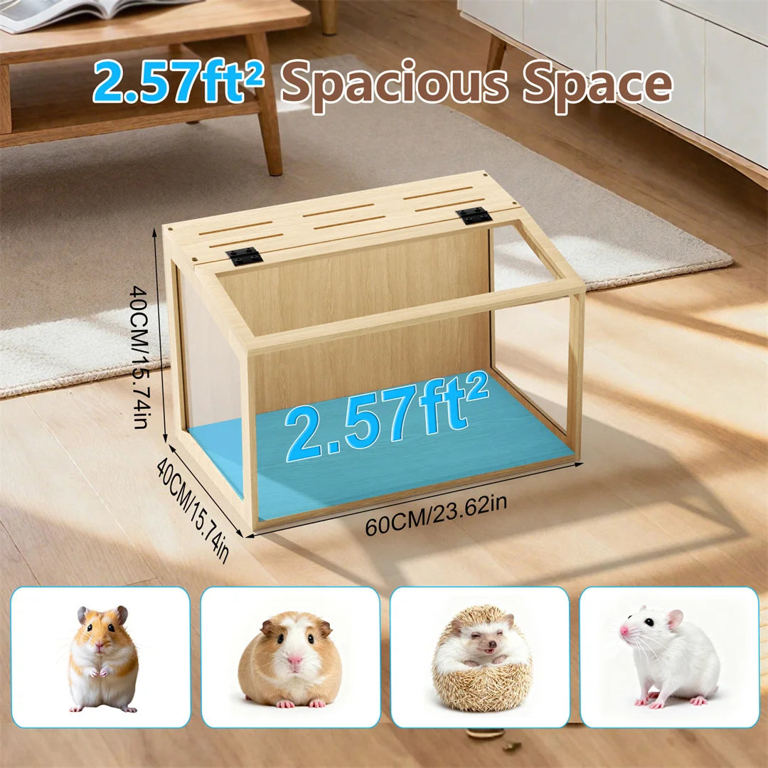 Large Natural Wooden Hamster Cage, Indoor Small Animal Habitat with Glass Panels & LED Light, Chew-Proof Enclosure for Hamsters Gerbils