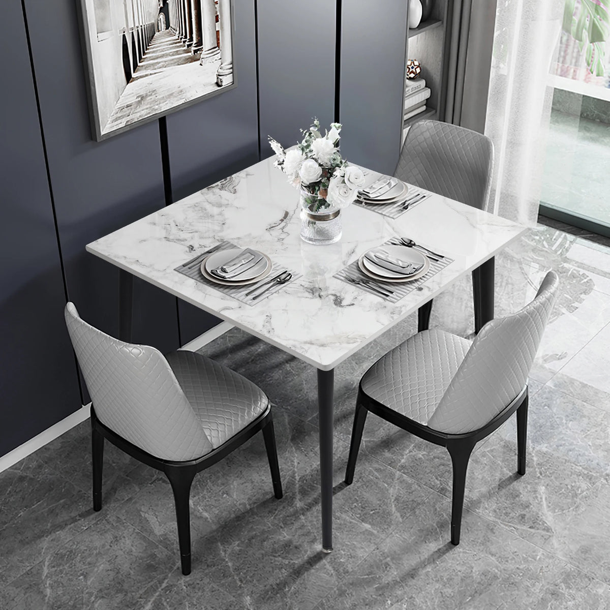 Rectangular Dining Modern Dining Desk Table Furniture with Natural Texture Sintered Stone Top Metal Frame for Dining Room