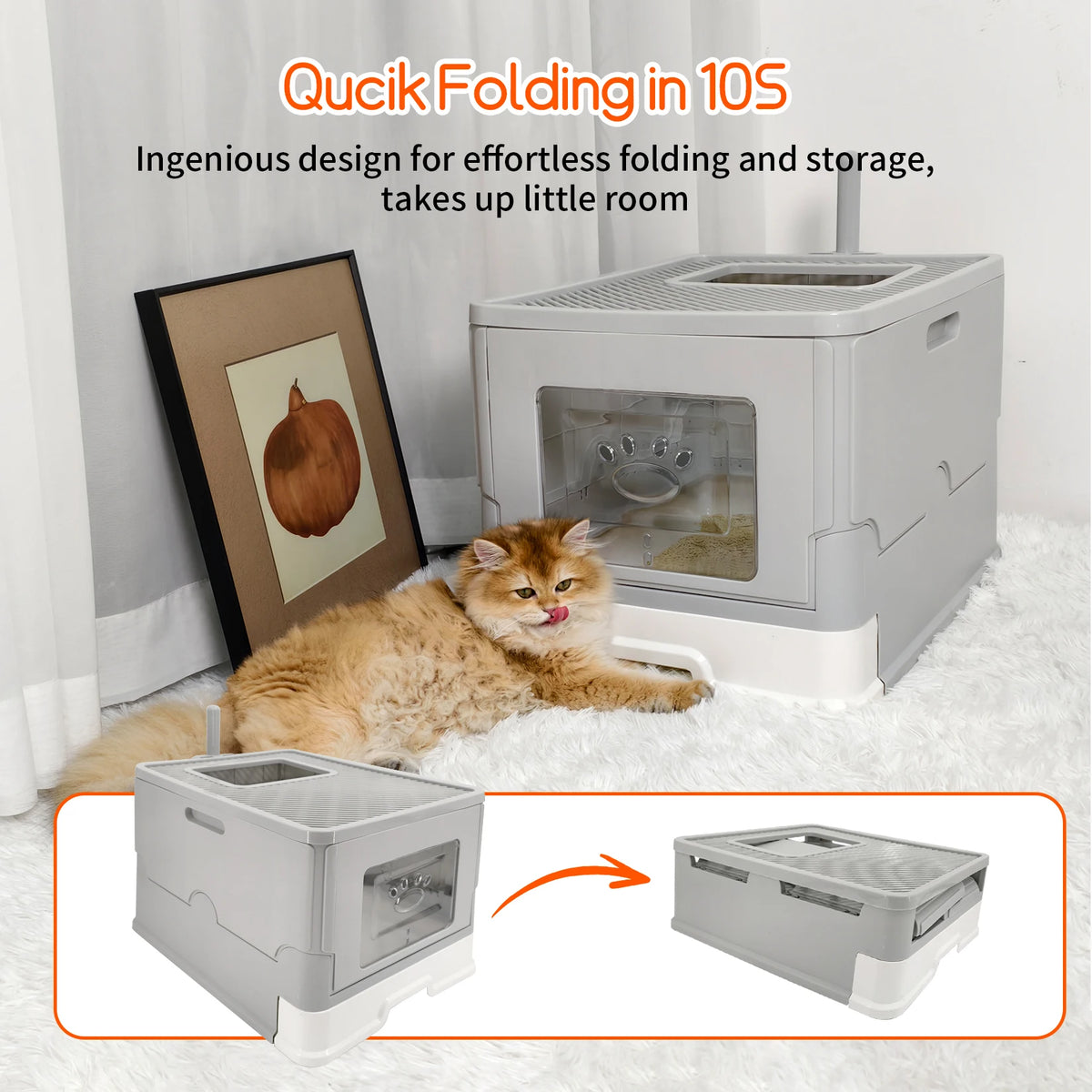 Large Cat Litter Box with Lid, Foldable Litter Box, Drawer Type Enclosed Kitty Litter Box Front Entry Top Exit Kitty Litter Box